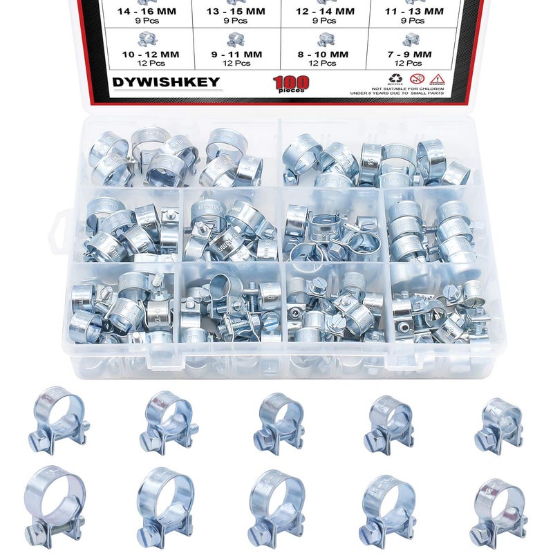 DYWISHKEY 100Pcs 10 Sizes Zinc Plated Mini Fuel Injection Line Style Hose Clamp Assortment Kit, Perfect for Automotive, Agriculture, Plant & Construction - Image 1
